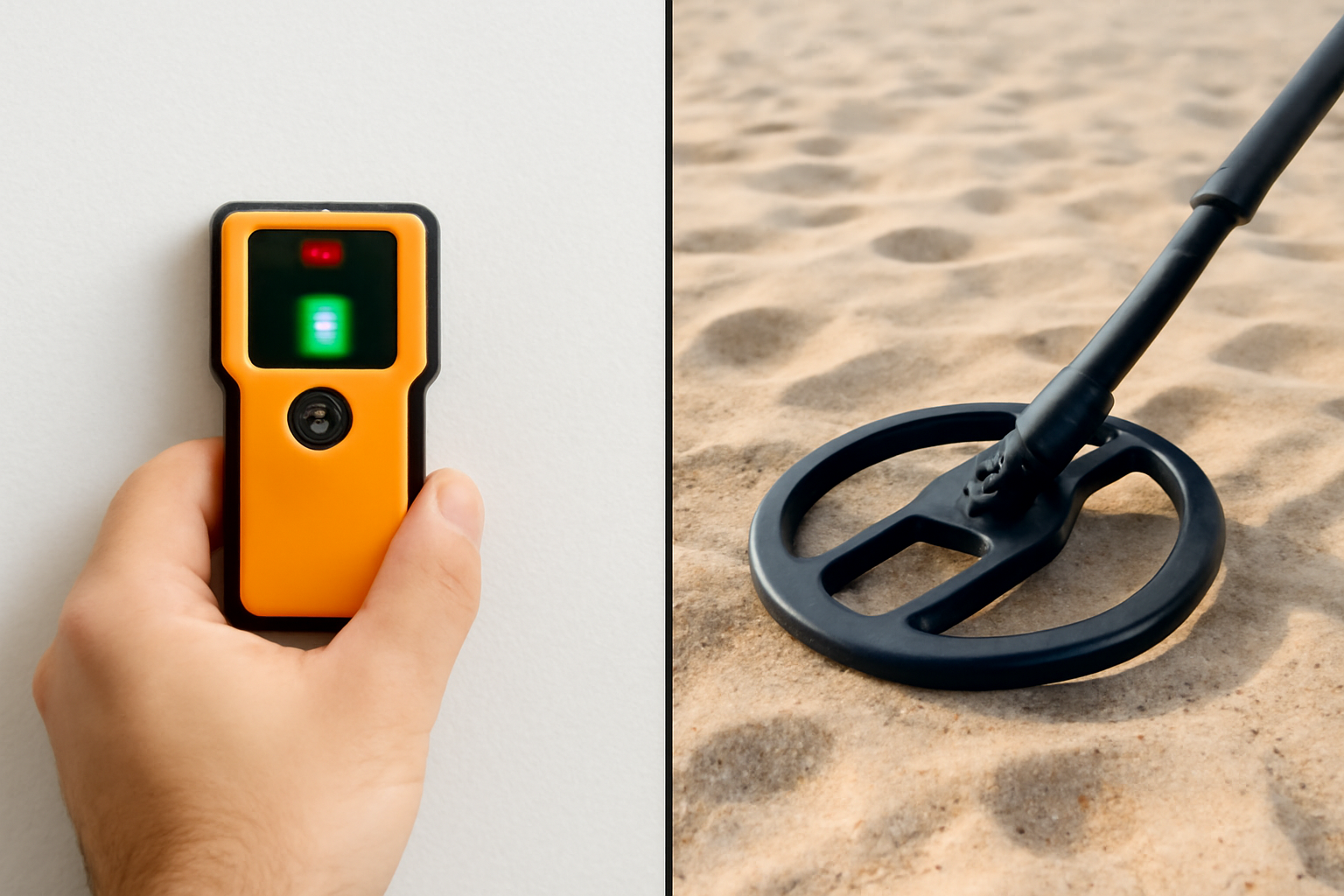 A stud finder held against a drywall surface next to a separate metal detector coil resting on sand